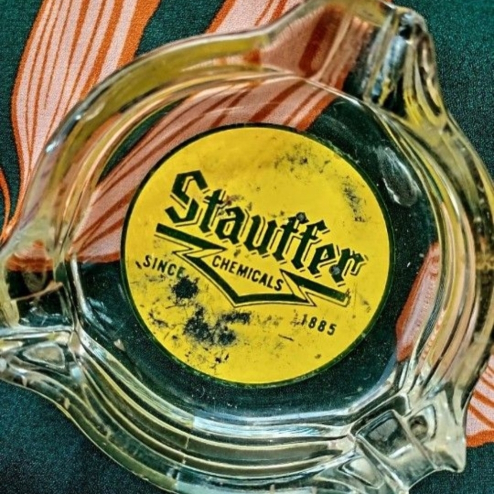Vintage Midcentury Stauffer Chemicals Glass Ashtray Yellow And Green